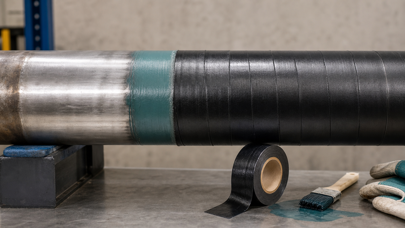 Pipe section showing prepared metal and wrapped anti-corrosion tape
