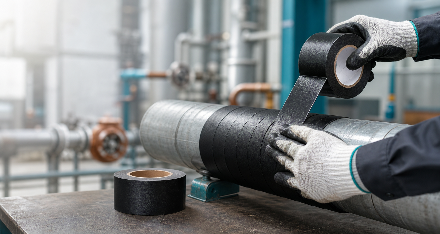 Anti-corrosion tape being wrapped around an industrial pipe