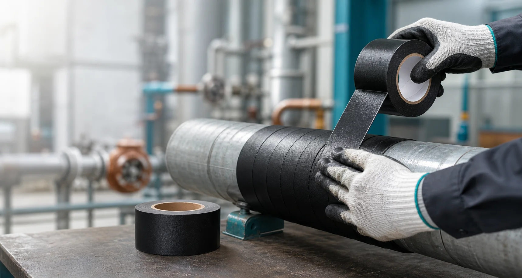 Pipeline anti-corrosion tape being applied around an industrial pipe