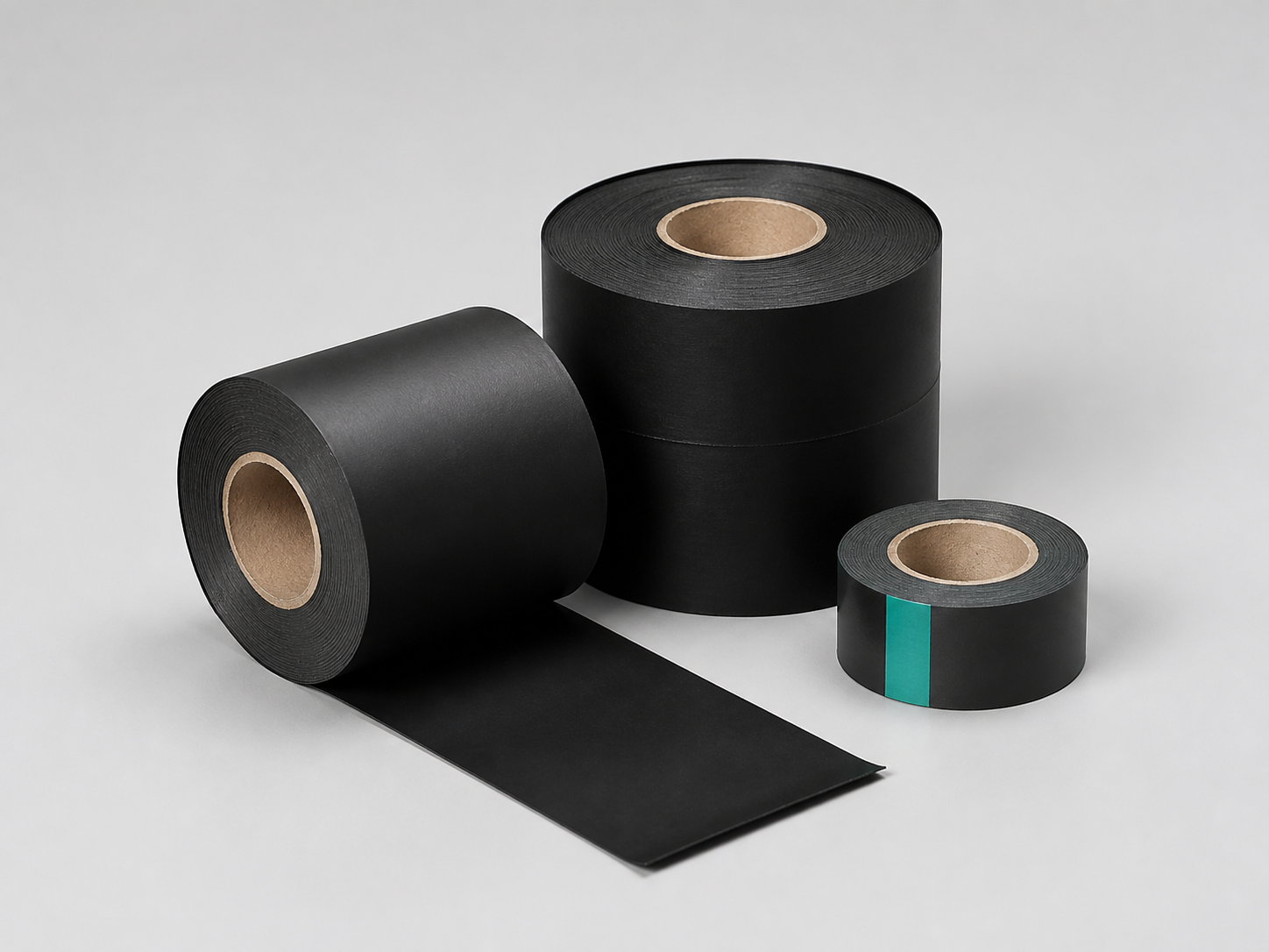 Black anti-corrosion tape rolls on a studio background