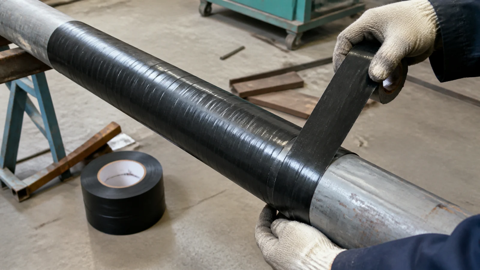 PP mesh reinforced anti-corrosion tape being wrapped around a steel pipe