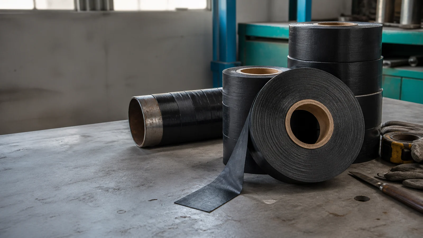 Anti-corrosion tape rolls, wrapped pipe sample, and workshop tools on a product table