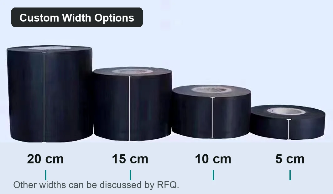 Real anti-corrosion tape roll width options including 5 cm, 10 cm, 15 cm, and 20 cm